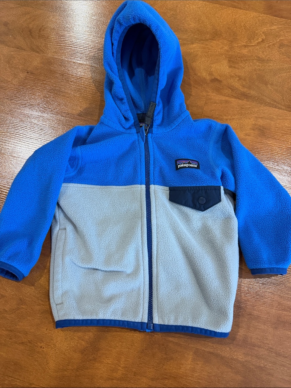 Patagonia Kids Royal Blue and Light Gray Hooded Fleece Jacket